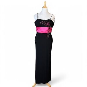 Y2K Dave & Johnny Prom Dress Sz 7/8 Black Pink Floral Embroidered Gown Bow